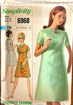 This is a cute 1960s one piece  dress pattern that is still stylish today!  It is a Simplicity pattern from my vintage sewing pattern collection. The 1960s designer dress pattern fits a size 14, Bust 34 The one piece designer dress pattern is collarless, with a princess line without side seams. The dress is lined and has a back band and button closing, lowered round neckline and short set in sleeves. The envelope is in good condition; the pattern pieces have been cut but are all there. Review im Simple Dress Bodice Pattern, 60s Party Dress Pattern, Dress Bodice Pattern, 1960s Patterns Sewing, 1968 Fashion, Princess Line Dress, 1970s Fitted Dress With Vintage Pattern, 60’s Shift Dress Pattern, 1960’s Sewing Patterns