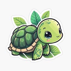 a cute little turtle sitting on top of a green leafy plant with leaves around it's head