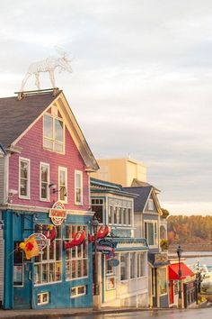 colorful buildings line the street in front of a body of water