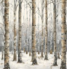 a painting of snow covered trees in the woods