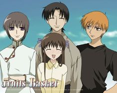 an anime poster with four people standing together