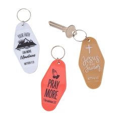 three different key tags with the words pray more and jesus's name on them