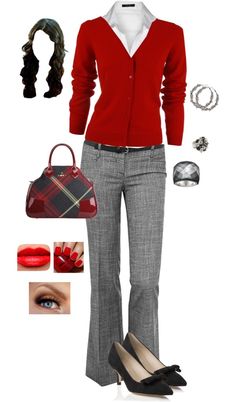 "Grey & Red" Grey Pants Outfit, Professional Style, Legally Blonde, Mode Casual, Professional Attire, Business Professional, Winter Outfits For Work, Grey Pants