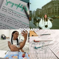 a collage of photos with the words geographhy written on them and an image of a woman holding a pen