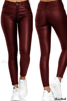 Olivia Mark - Womens Burgundy High Waist Pencil Bottoms - Casual Solid Patchwork Design Oversize Pullover, American Casual, Leather Pants Women, Solid Color Pants, Pencil Pants, Leather Trousers, Plaid Pants, Ankle Length Pants, Stretch Pants