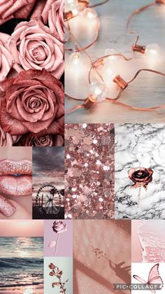 a collage of different images with pink flowers and glitters on the bottom right corner