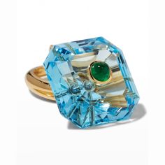 Prince Dimitri Jewelry ring Approx. 21.8mm x 21.6mm x 12.7mm 18-karat yellow gold Two white diamonds Sky blue topaz and emerald Diamond total carat weight: 0.10 Emerald total carat weight: 0.65 Topaz total carat weight: 54.49 Made in USA Gold Marquise Ring, Sky Blue Topaz Ring, Gold Skies, Yellow Gold Diamond Ring, White Diamond Ring, Rings Rings, Sky Blue Topaz