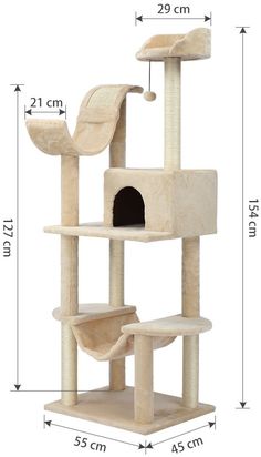 the cat tree is shown with measurements for it's top and bottom levels,