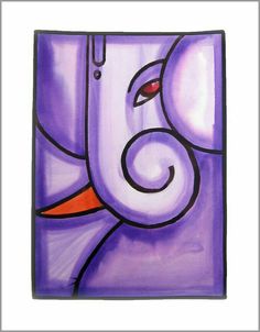 an elephant is painted in purple and orange on a white background with the letter b