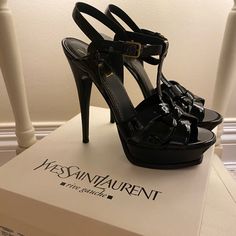 Ysl Patent Tribute 105 Platform Sandals 39 In Black Patent. 1 1/2 Inch Platform And A 6 Inch Heel. Brass Buckle. Excellent Used Condition. Worn 4x. Box Included. Classic Style Still Available In Stores And Retail For $1150. Purchased At Hirshleifers. Ysl Platform Heels, Ysl Tribute Heels, Ysl Tribute, 6 Inch Heels, Yves Saint Laurent Shoes, Shoe Wishlist, Brass Buckle, Platform Heels, Black Heels