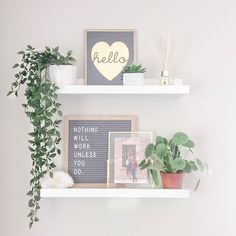 two white shelves with plants and pictures on them