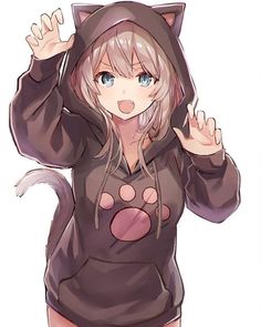 an anime character wearing a cat hoodie with her hands up in front of her face