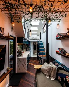 a living room filled with furniture and lots of plants hanging from the ceiling above it