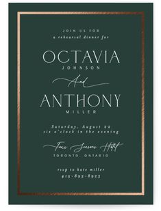 an elegant wedding card with gold foil on the edges and green background, featuring white calligraphy