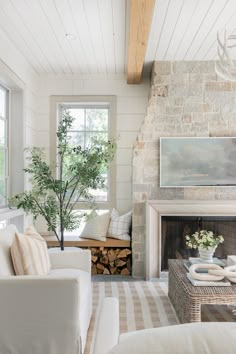 a living room filled with furniture and a fire place in front of a stone fireplace