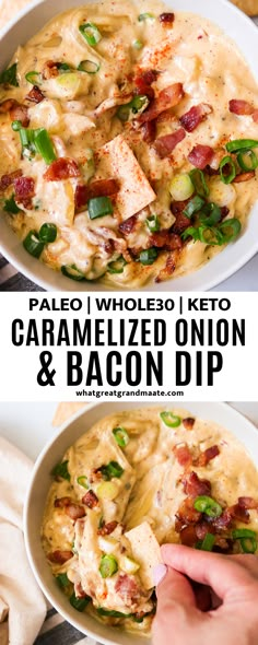 two images showing how to make caramelized onion and bacon dip in a bowl