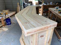 an unfinished counter being built in a garage