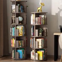 two bookshelves in the corner of a room