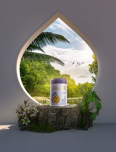 there is a jar on top of a rock in front of a window that looks out onto the jungle