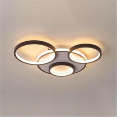 an overhead view of a circular light fixture with three lights on each side and two circles at the top