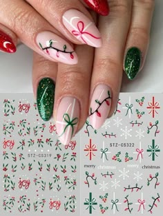 Winter Nails Red Snowflake, Christmas Nails Lights Xmas, Xmas Snowflake Nails, Red Holly Nails, Christmas Nail Green And Red, Bauble Nails Christmas, Bow Xmas Nails, Xmas Green Nails, Christmas Holiday Nails Winter