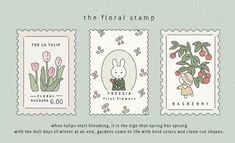 three stamps with flowers and rabbits on them, one is for the la tulla stamp