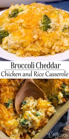 broccoli cheddar chicken and rice casserole in a white dish