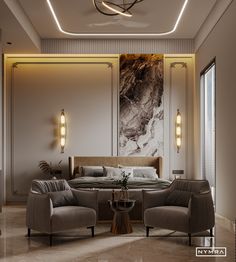 an elegant bedroom with marble floors and walls is lit up by modern lighting fixtures on the ceiling