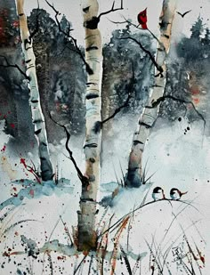 watercolor painting of birch trees and birds in the snow with red cardinal perched on one tree