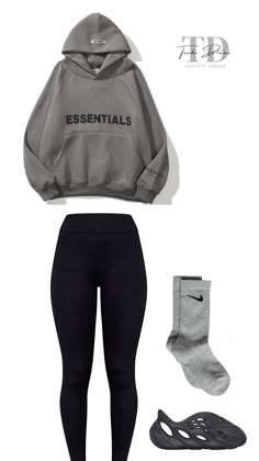 made by: teeda Essentials Hoodie Black Outfit, How To Style Essentials Hoodie, Outfit Ideas For School College, Essentials Hoodie Outfits For Women, Black Leggings Outfit Black Women, Dark Gray Leggings Outfit, Essentials Hoodie Outfit Women Black, Dark Grey Leggings Outfit, Black And Gray Outfits