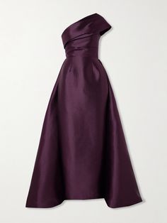 If "bold, confident and refined" is how you want to feel at events, look no further than Solace London's collections. Cut from satin-twill in an 'Aubergine' shade, this sculptural 'Alba' gown is beautifully draped and gathered into folds. Balance the full skirt with pointy mules or minimalist sandals. Silk A-line Gown For Formal Occasions, Luxury Satin Formal Gown, Luxury Satin Gown For Formal Occasions, Luxury Silk Formal Gown, Luxury Silk Gown For Formal Occasions, Luxury One-shoulder Satin Finish Dress, Elegant One-shoulder Bias Cut Satin Dress, Luxury One-shoulder Satin Gown, Silk One-shoulder Bias Cut Gown