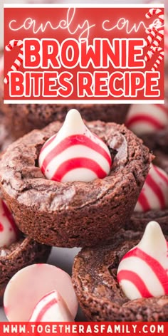 chocolate brownie bites recipe with candy canes in the middle and text overlay