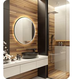 a modern bathroom with wood paneling and round mirror