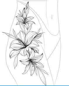 a black and white drawing of flowers in a vase