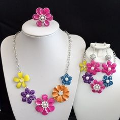 It Is Beautiful, Elegant, Modern And Fun. This Set Is Complete With 4 Pieces And All Brand New And In Perfect Condition. ( Bs1) Handmade Multicolor Jewelry For Spring, Multicolor Flower Shape Jewelry For Party, Multicolor Party Jewelry With Flower Shape, Multicolor Flower Necklace For Spring Gift, Multicolor Flower Necklace As Spring Gift, Multicolor Flower Shape Party Jewelry, Spring Multicolor Flower Necklace As Gift, Yellow Flower Jewelry For Mother's Day, Handmade Multicolor Jewelry For Mother's Day