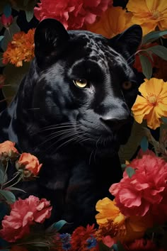 a black leopard surrounded by flowers and leaves is looking at the camera with an intense look on its face