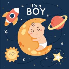 a baby sleeping on the moon with stars and planets in the background, it's a boy