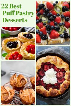 four different desserts with the words 22 best puff pastry deserts