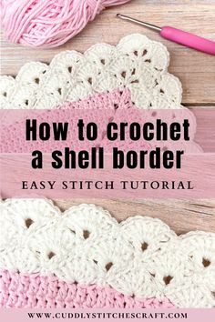 the crochet shell border is shown with pink yarn and white thread on top