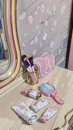 an image of a vanity with makeup and accessories on the counter in front of a mirror