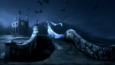 a woman in a white dress standing on a bridge at night with bats flying around her