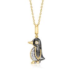 Ross-Simons - .10ct t. w. Diamond, Black Enamel Penguin Pendant Necklace Over Sterling. 18". Looking dapper in a classic tuxedo-inspired palette, our penguin pendant necklace is a playful addition to your jewelry box. Crafted in polished 18kt yellow gold over sterling silver and sparked with .10 ct. t. w. round diamonds and bold black enamel. Suspends from a cable chain. Springring clasp, diamond penguin pendant necklace. Diamond birthstones are the perfect gift for April birthdays. Penguin Pendant, Diamond Birthstone, Kids Jewelry, Black Enamel, Cable Chain, Pendant Jewelry, Round Diamonds, Jewelry Box, 18k Gold