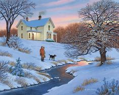 a painting of two people and a dog walking in the snow near a house with a stream