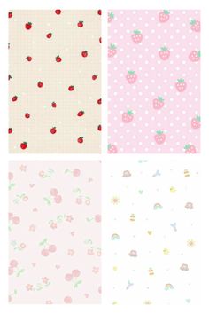 four different patterns with strawberrys and polka dots on pink, white, and green