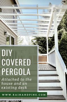 a white pergola with the words diy covered pergol attached to it