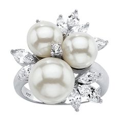 Round Simulated White Pearl and CZ Platinum over .925 Sterling Silver Cocktail Ring Palm Beach Jewelry, Cubic Zirconia Jewelry, Silver Pearls, Pearl Ring, Cocktail Ring, Gold Plated Sterling Silver, Online Jewelry, Round Beads