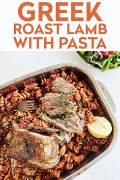 a pan filled with pasta and meat on top of it