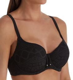 This stylish crochet-look lace swim top has supportive underwire cups that lift and round for sexy fun in the sun. Made of nylon/elastane. Seamed underwire cups have a ligtht fiberfill lining for modesty. Cups have a crochet-look lace overlay with vertical seaming that helps lift and round the bust. Bra-size cup. See Size Chart to convert to your Freya size. Covered elastic underband for additional support. Center panel - tall, wide, with arched underside for high tummy comfort and ties at top. Fun In The Sun, Lace Overlay, Swim Top, Bra Sizes, Custom Fit, The Sun, Swimming, Plus Size, Elastic