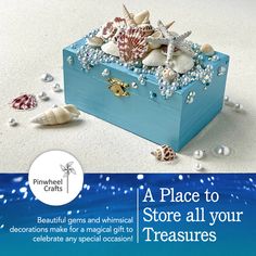 there is a blue box with seashells in it and the words, a place to store all your treasures