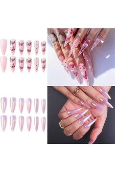 KAAGEE 48pcs Press on Nails Medium Long Stiletto Nails Glossy Fake Nails Gel Acrylic Stick on Nails Decoration Glue on Nails for Women Nail Art Accessories (Aurora&amp;Butterfly) Nails Gel Acrylic, Women Nail Art, Long Stiletto Nails, Nails Glossy, Press On Nails Medium, Long Stiletto, Nails Medium, Nails For Women